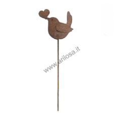 Decorazione in Ferro arrugginito - Uccellino con Cuore sul becco - stelo cm. 25-0