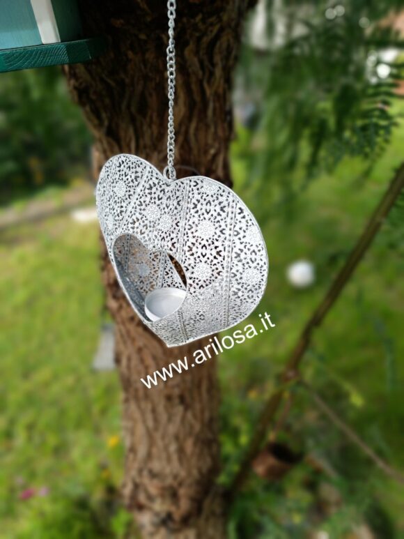 Portacandela in metallo Bianco/Grigio chiaro a forma di Cuore da appendere-2128