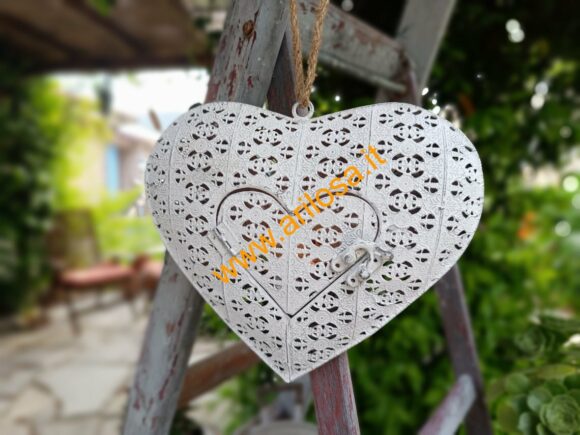 Portacandela Cuore in metallo lavorato Bianco da appendere-2126