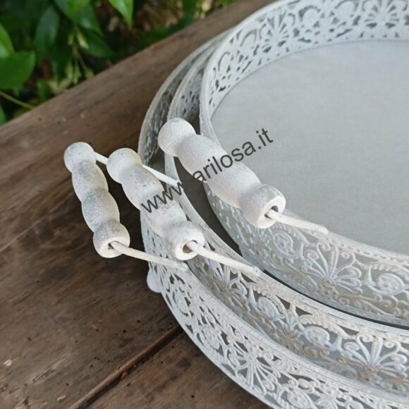 Set 3 Vassoi rotondi in metallo Bianco lavorato con manico-2279