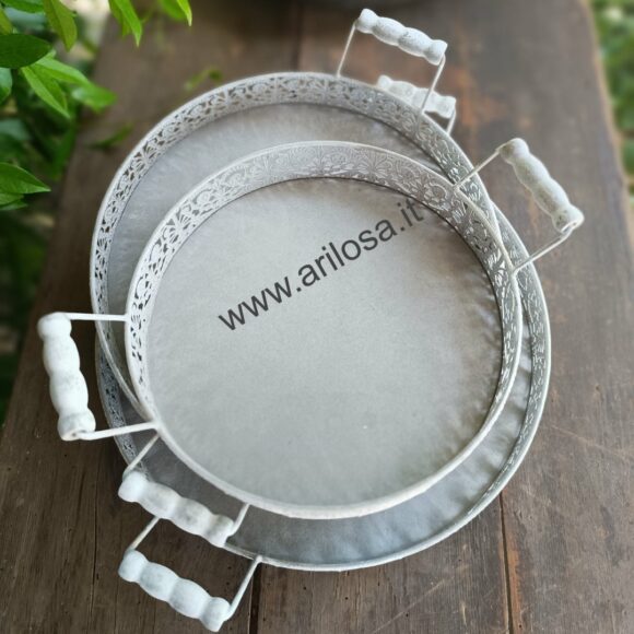 Set 3 Vassoi rotondi in metallo Bianco lavorato con manico-2281